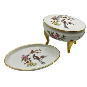 Limoges France 2 Pc Floral Porcelain Trinket Box and Tray Set Peacock Floral